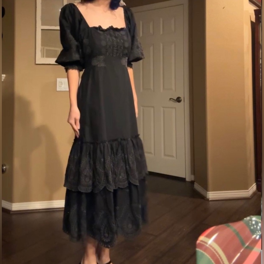 Love Shack Fancy Toulon Broderie black romantic dress with puff puffy sleeves